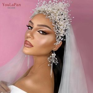 Saç Klipler Barrettes YouLapan HP245 İnci Gelin Başlıklar Düğün El Yapımı Boncuk Band Kristal Headdress Rhinestone Takı Seti