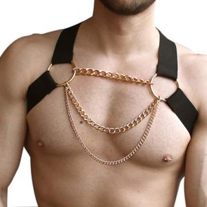 Set di reggiseni Fetish Black PU Leather Sissy Lingerie Imbracatura regolabile Cinture da uomo Bdsm Bondage Body Gay For Male Wear Catene in metallo dorato esotico