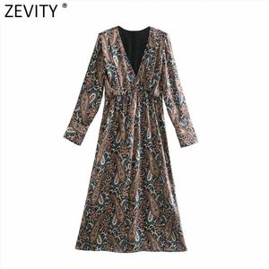 Kadınlar Vintage V Boyun Kaju Fındık Baskı Elastik Bel Kimono Midi Elbise Femme Retro Rahat Ince Bir Çizgi Vestido DS4828 210416