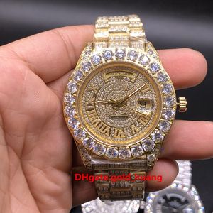 Роскошь 43 мм Clogaw Bezel Big Diamonds Автоматический мужчина Часы, высококачественные нержавеющие стали CZ полностью составляют алмазные маркеры Rome Golden Shell Мужские часы