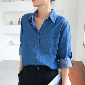 Sonbahar Trendy Kadın Bluzlar Tam Kollu Turn-down Yaka Katı Renk Demin Bayanlar Bluz Düğme Çift Cepler OL Shirt Kadınlar
