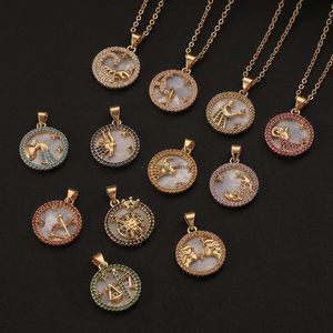 Runde 12 Sternzeichen-Halskette Goldketten Löwe Widder Fische Anhänger Charm Sternzeichen-Halsband Astrologie-Halsketten Modeschmuck wird und sandig