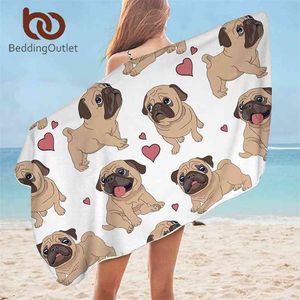 Handtuch BettwarenOutlet Hippie Mops Bad Bad Mikrofaser Tier Cartoon Hund Strand für Erwachsene Nette Bulldogge Decke 75x150cm 210728