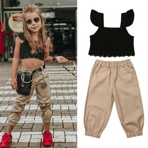 Moda Çocuklar Bebek Kız Giysileri Setleri Yaz Kolsuz Dantel Kırpma Tops ve Kargo Uzun Pantolon Rahat Çocuk Kıyafetleri