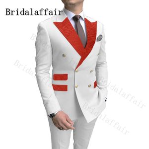 Bridalaffair Tasarım Kruvaze Erkekler Beyaz Sık Kullanılanlar Beyaz Kırmızı Paisley Doored Yaka Blazer En Iyi Adam Yüzük Erkek Düğün Parti Smokin X0909