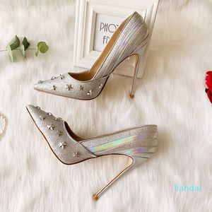 Moda Kadınlar Gümüş Glitter Strass Pompaları Çivili Spike Yüksek Topuklu Sandalet 12 cm 10 cm Yepyeni