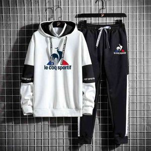 Le Coq Brand Primavera Outono Homens 2 Peça Set Sets Sports Pullover Hoodies Jogging Casual Impresso Big Pocket Tracksuits G1217