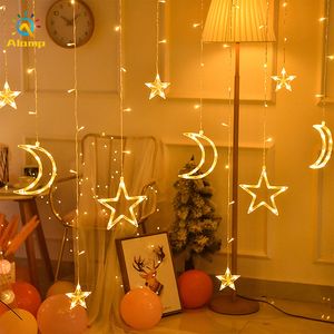 Светодиодная занавеска Строка Light 110V 220V Moon Star Fairy Lights Рождественская Гирлянда Window Лампа Открытый Крытый для дома Свадьба Украшения