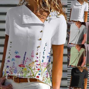 Kadın Tankları Camis Vintage Kısa Kollu Bluz Kadınlar Tatil Çiçek Baskı Yüksek Yaka Casual Gömlek Yaz Moda Botton Vetement Fe Tops