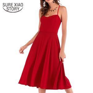 Elbise Moda Zarif Yaz Kırmızı Elbiseler Yay Kolsuz Katı A-line Seksi Bayanlar Kadınlar Casual Orta Buzağı 3334 50 210510