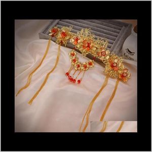 Tiaras mücevher damla teslimat 2021 Gelin Headdress Altın Kırmızı Çin Düğün Saç Aksesuarları A-96 Ihdbe