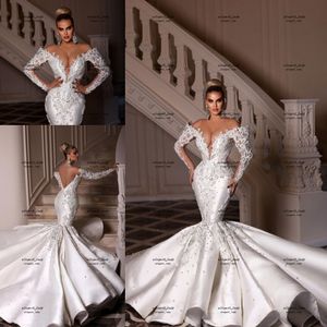 Kapalı Omuz Uzun Kollu Gelinlik 2022 Robe De Mariage Princesse Luxe Mermaid Fishtail Çiçek Dantel Backless Gelin Kıyafeti