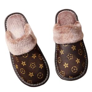 Unisex PU Leder Hausschuhe Gedruckt Plüsch Baumwolle Slipper Frauen Indoor Hausschuhe Flache Gemütliche Hause Hausschuhe Winter Warme Flip-Flops H1115