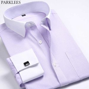 Светло-фиолетовый французский манжеты смокинг рубашка мужчины Slim Fit с длинным рукавом мужские рубашки свадьбы свадебные формальные деловые рубашки смокинг-смокинги 210522