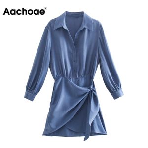 Chic Mavi Papyon Saten Mini Kadınlar Uzun Kollu Zarif Günlük Elbiseler Bayanlar Açılır Yaka Ofis Giyim Elbise 210413