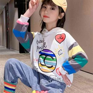 Outono Cothes Coreano Children's Roupas Capuz Desenhos Animados Camisola Denim Jeans 2 Pcs Moda Big Kids Girls 'Suits 4-13Y 210925