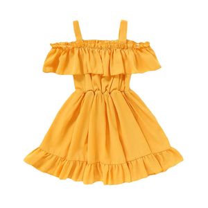 Katı Renk Omuzsuz Kızlar Yaz Elbise Şifon Ruffles Çocuklar Kıyafet Güzel Prenses Çocuk Giysileri Q0716