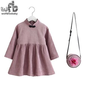 Perakende 2-10years Elbise + Çanta / Set Tam Kollu Çin Tarzı Mor Katı Renk Yeni Sevimli Çocuklar Bebek Kız İlkbahar Sonbahar Güz Kış Q0716