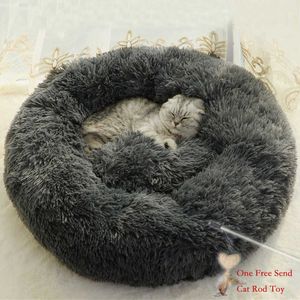 Süper Yumuşak Pet Yatak Kulübesi Uzun Peluş Kedi Mat Taşınabilir Sıcak Uyku Tulumu Köpek Yastık Yuvarlak Pet House Kitty Sahte Ücretsiz Cat Rod ile 210713