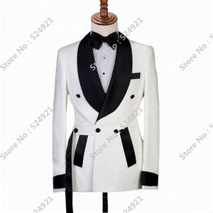 Kruvaze Erkekler Fildişi ve Siyah Damat Suits Suits Shawl Yaka Groomsmen Düğün Best Adam 2 Parça (Ceket + Pantolon + Kravat) D67 X0909