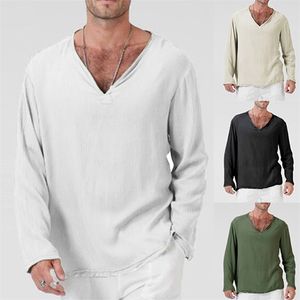 V Boyun Erkek T Shirt Tam Kollu Keten Pamuk Uzun Kollu T-Shirt Erkekler Gotik Hippi Giyim Gevşek Erkek t gömlek Sonbahar Bahar 210707