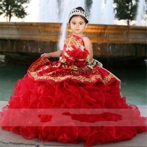 Kırmızı Nakış Çocuk Prenses Elbise Güzellik Ruffles Katmanlı Etek Kabarık Küçük Pricess Büyük Yay Çiçek Kız Doğum Günü Elbiseleri