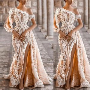 2023 Champagne One Shoulder Mermaid Wedding Dresses Bridal Gowns Thigh Slits Split Long Sleeve White Lace Appliques Overskirts Detachable Train Formal Plus Size