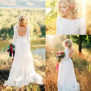 Düğün Ülke Elbiseleri Sırtsız Gelin Elbise Uzun Kollu D Çiçek Aplike Şifon Süpürme Tren Kepçe Boyun Özel Yapımı Artı Boyut Vestido De Novia E