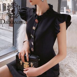 Dabuwawa Özel Vintage Siyah Yaz Elbise Kadın Kolsuz Tek Göğüslü A-Line Fırfır Boyun Zarif Elbise Bayanlar DO1BDR003 210520
