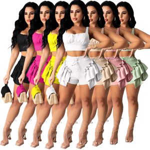 Bayan 2 Parça Set Ruffles Pantolon Eşofman Tasarımcısı Yaz Kırpma Üst Kısa Kollu Şort Kıyafetler Moda Casual Kadın Giyim Artı Boyutu 835-1