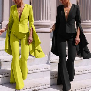 İlkbahar Yaz Benzersiz Tasarım Blazer Suits Kadınlar Flare Kollu Akşam Parti Pantolon Suit Smokin Gelin Resmi Giyim Annesi