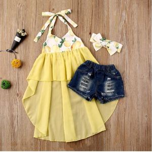Toddler Bebek Kız Setleri Giysi Yaz Boyun Asma Asimetrik Hem Limon Baskı Örgü Elbise Denim Şort Kafa 3 adet Kıyafetler