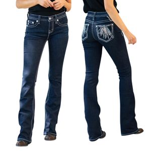 Womens Grande tamanho de bootcut Stretch cintura calça jeans com designs bordados no bolso traseiro para roupas de mulheres