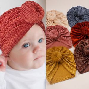 Bebek Kadife Türban Bebek Sıcak Yuvarlak Düğüm Şapkalar Kızlar Kadife Şapka Çocuk Kız Bonnet Yenidoğan Nervürlü Beanie Kapaklar Şapkalar