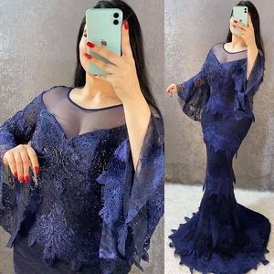 Real Image Prom Kleider Navy Appliced ​​Tiered Lace Perlen Jewel Hals Lange Ärmel Formale Abendkleid Plus Größe Frauen Party Pageant Gowns Robe de Mariée