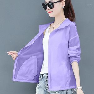 Kadın Ceketler Yaz 3XL Artı Boyutu Kapşonlu Ince Güneş Kremi Ceket Kadınlar Gevşek Fermuar Katı Uzun Kollu Güneş Gömlek Mor Beyaz Gri Tops