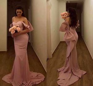 Nude Pink Big Bow Mermaid Maid Of Honor Dresses Elegant Off The Shoulder Long Bridesmaid Dresses Satin Wedding Guest Gowns L139