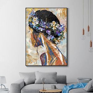 Çiçek Poster Ile Kız Duvar Sanatı Resimleri Oturma Odası Için Modern Ev Dekorasyonu Kadın Baskılar Tuval Boyama Yok Çerçeve