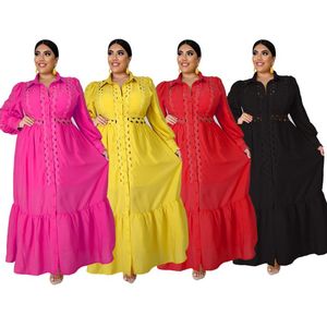 Etnik Giyim Gevşek Şık Afrika Maxi Elbiseler Kadınlar Yaka Fener Kol Hollow Out Tasarım Uzun Robe Bayanlar vestidos Partisi Turn-down