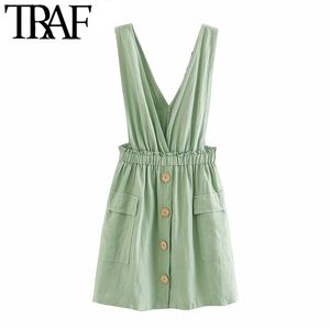 TRAF Kadınlar Tatlı Moda Cepler Pinafore Elbise Vintage V Boyun Elastik Bel Sapanlar Kadın Elbiseler Chic Vestidos Mujer 210415