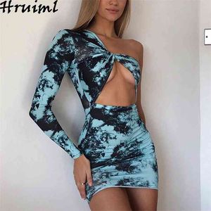 Giysi Skinny Oymak Seksi Clubwear Moda Satış Elbiseler Kadınlar Için Bir Omuz Baskı Uzun Kollu Dantelli Elbise 210513