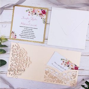 Partyzubehör Romantische erröten rosa Frühlingsblume glitzernde lasergeschnittene Taschen-Hochzeitseinladungs-Kits RH9920