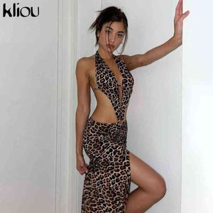 KLIOU SEXY LEOPARD MAXI Платье для женщин Новая ножковая кружевная расщепление вечеринка полночь юбка битник без рукавов без рукавов горячий клуб носить Y1204