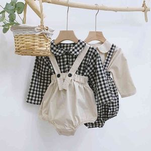 Baby Girls Одежда набор кукол воротник рубашка + комбинезонные наряды 2 шт. Детская одежда набор новорожденных корейских малышей мода ребёнок набор 210413