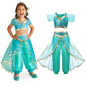 Девушки Аладдинская лампа Жасмин одеваются костюмы детские Хэллоуин танцевальные платья живота арабская индийская принцесса косплей костюм 210331