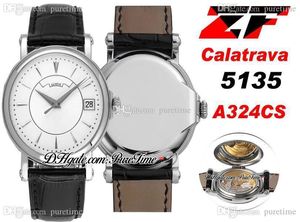 ZF CALATRAVA 5153 Стальный корпус A324CS Автоматические мужские часы 38 мм Белый Комплектующий Маркеры Черный Кожаный Ремешок Super Edition 2021 Часы PTPP PureTime C3