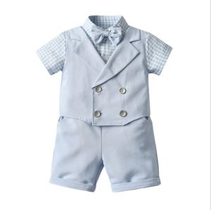 Bebek Erkek Beyefendi Stil Giyim Setleri için İki Parçalı Set Yaz Boy Kısa Kollu Ekose Gömlek Papyon + Şort Çocuklar Suits Çocuk Kıyafetleri