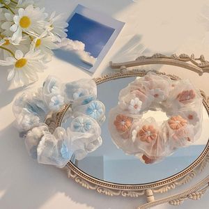 Embroidered Flower Hair Loop Organza Mesh Scrunchies Pink Blue Hair Accessories Hair Ring Ponytail Transparent Tulle Headwear