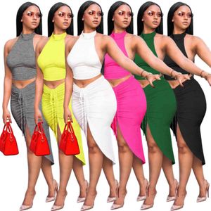 Kadınlar İki Parçalı Elbise Tasarımcısı Ince Seksi Yaz Kolsuz Yuvarlak Boyun Kırpılmış Halter Üst Bölünmüş Yarım Etek Suit 6 Renkler