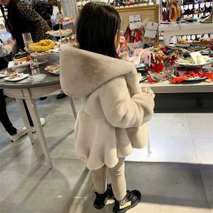 Moda Bebek Kış Sıcak Kürk Mantolar Kızlar için Uzun Kollu Kapşonlu Ceket Noel Partisi Çocuklar Dış Giyim Giyim TZ52 211204